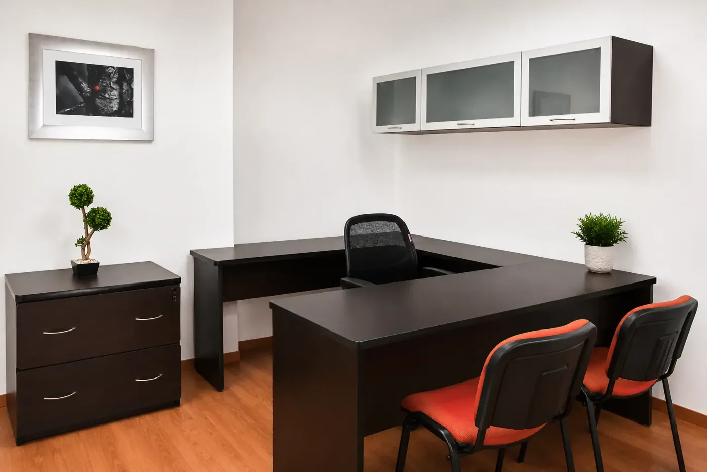 Oficina ejecutiva con escritorio en L, archivero y gabinete