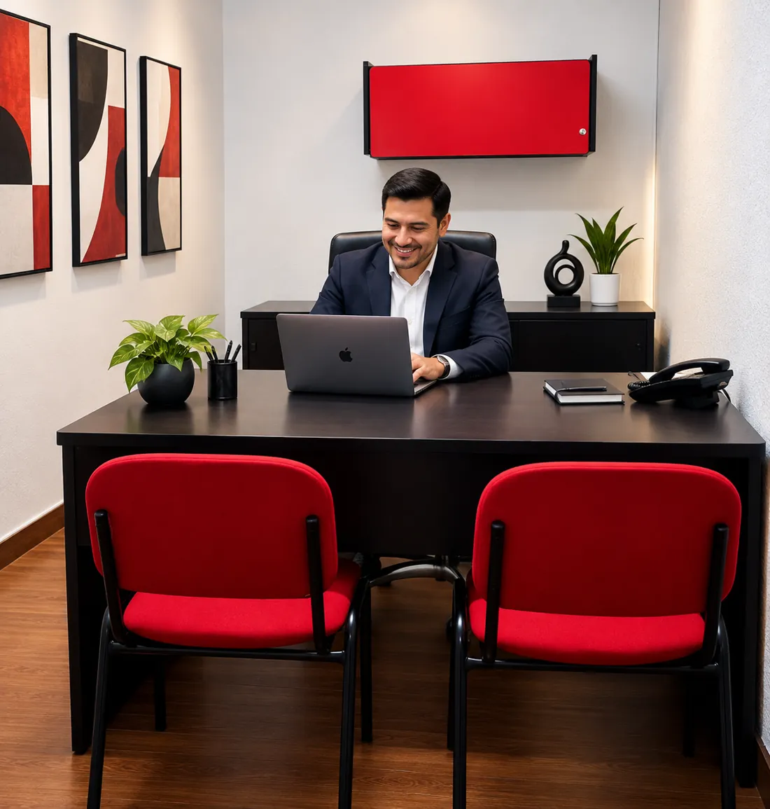 Oficina privada amueblada con escritorio, sillas rojas y teléfono, lista para trabajar